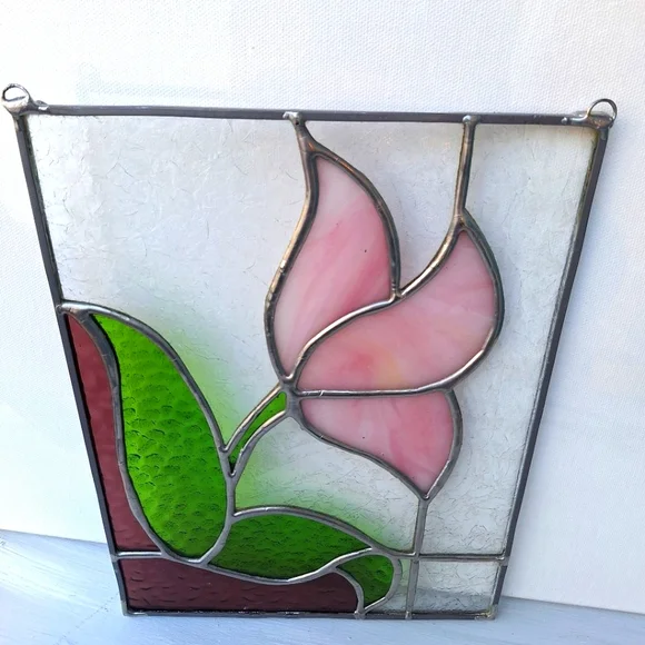 Vintage Stained Glass Window SunCatcher Flower Leaf Colorful Art Deco Abstract